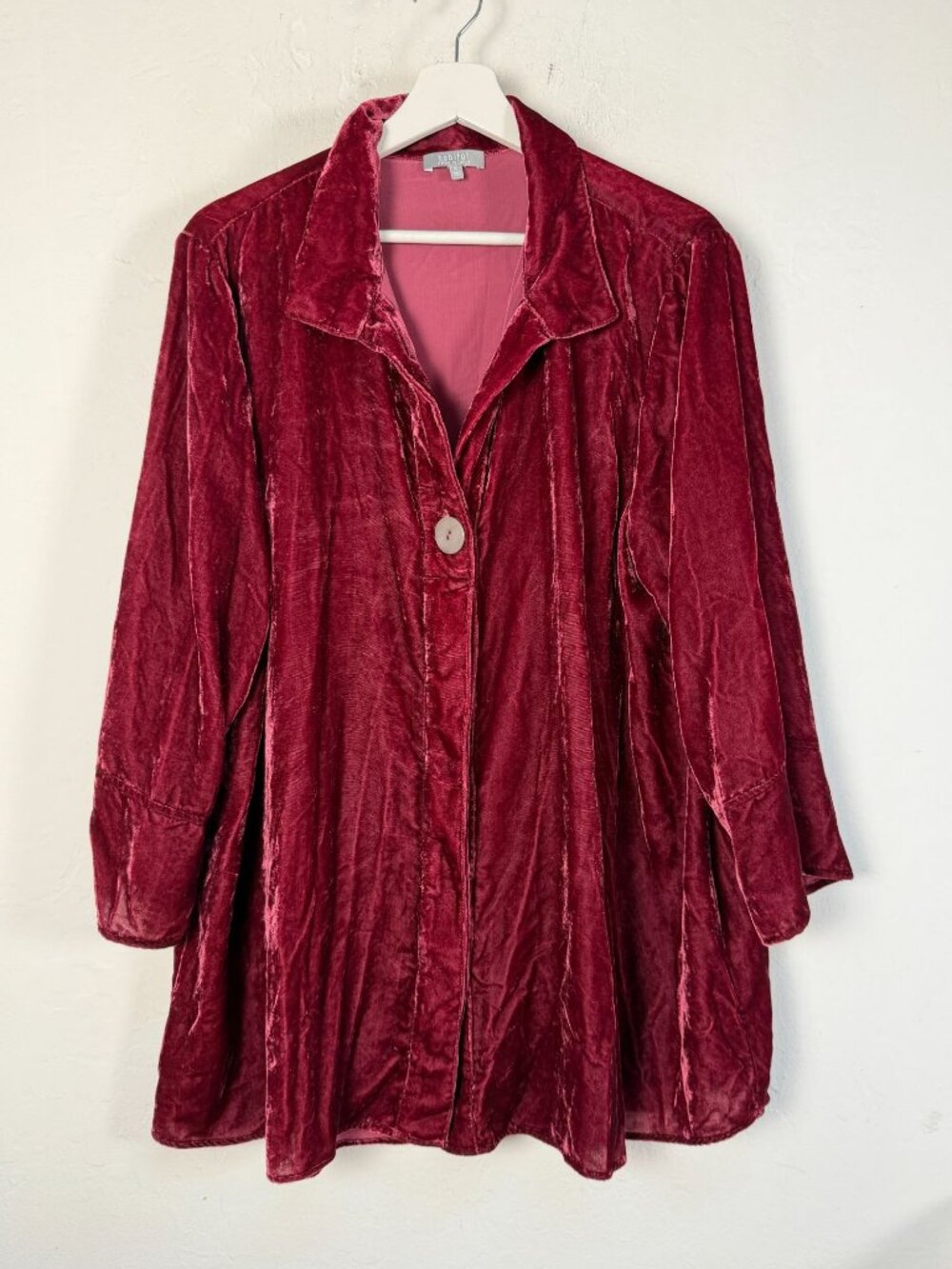 Habitat Womens Red Crushed Velvet One Button Front Blouse Jacket XL Long Sleeve